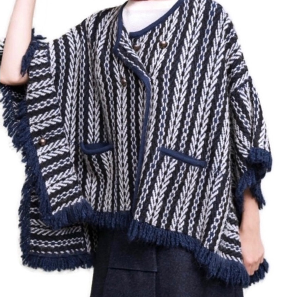 Anthropologie Sleeping on Snow Tajo Poncho Cape Sweater Navy Blue & White